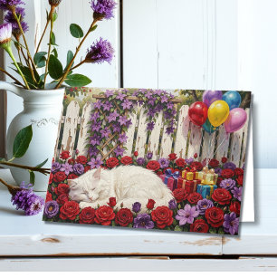 Tarjeta Deseándote un Cumpleaños Paw-some Gato y Floral