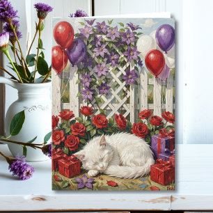 Tarjeta Deseándote un Cumpleaños Paw-some Gato y Floral