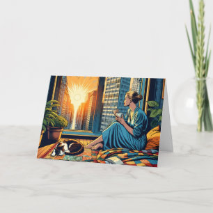 Tarjeta Deseándote un día pacífico   Mujer con café