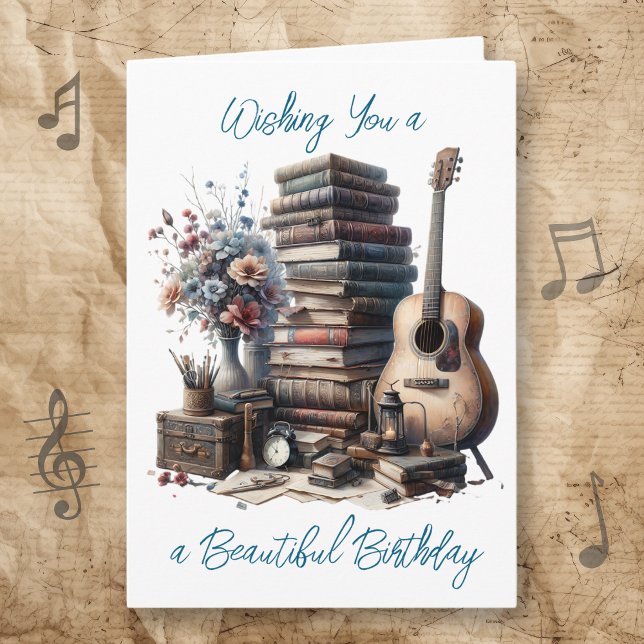 Tarjeta Deseándote un hermoso cumpleaños | Libros y música (Subido por el creador)