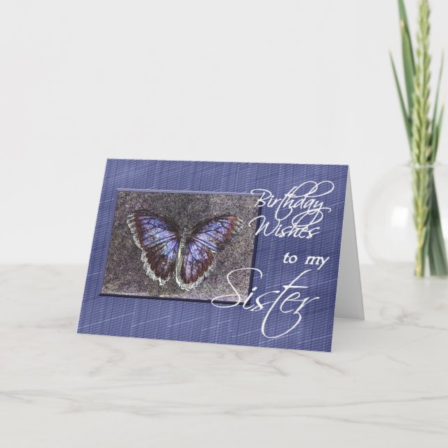 Tarjeta Deseo de cumpleaños a mi hermana-mariposa azul (Anverso)