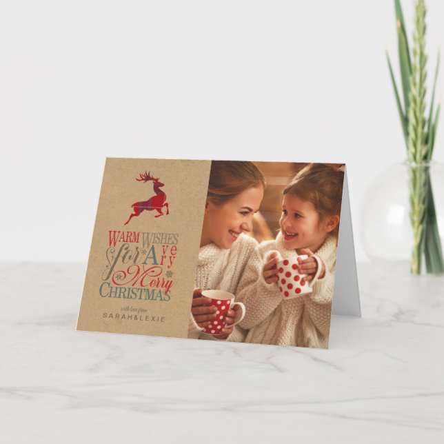 Tarjeta Deseos Cálidos Foto Kraft & Tartan Red ID589 (Anverso)
