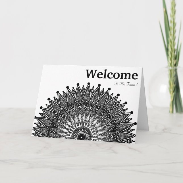 Tarjeta Deseos de bienvenida de Mandala mínima negra (Anverso)