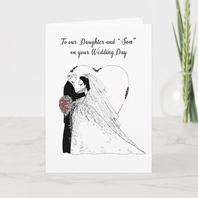 Tarjeta Deseos de boda para hija y “hijo”, negro y blanco, (Anverso)
