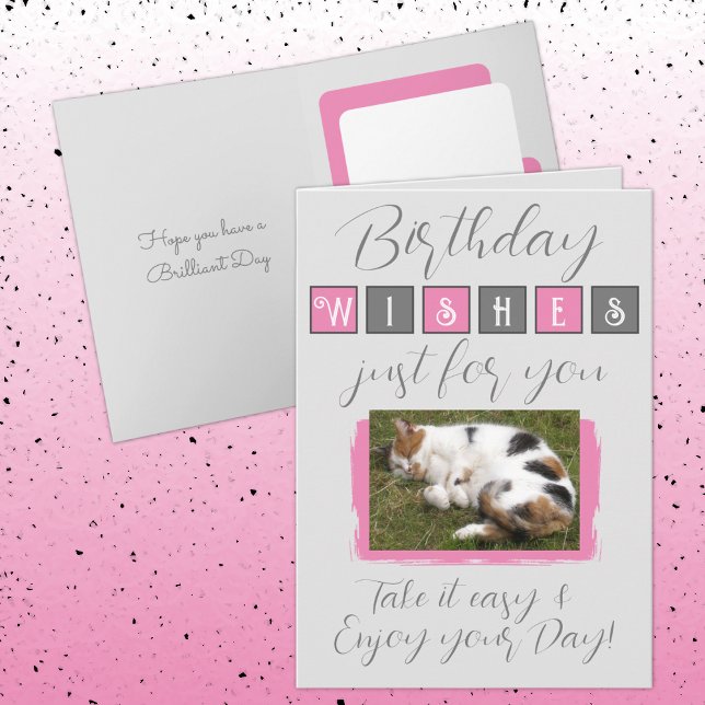 Tarjeta Deseos de cumpleaños agregar foto de gato rosa gri (Subido por el creador)