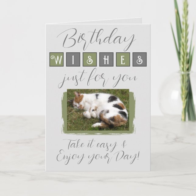 Tarjeta Deseos de cumpleaños agregar gatos foto gris verde (Anverso)