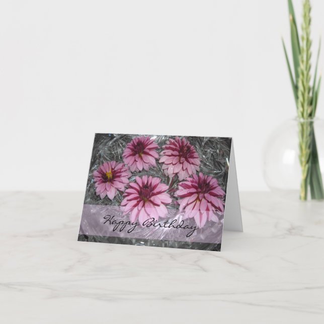 Tarjeta Deseos de cumpleaños con Dahlias Rosas (Anverso)