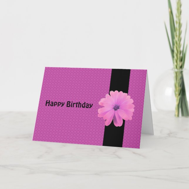 Tarjeta Deseos de cumpleaños con flor rosa y cinta negra (Anverso)