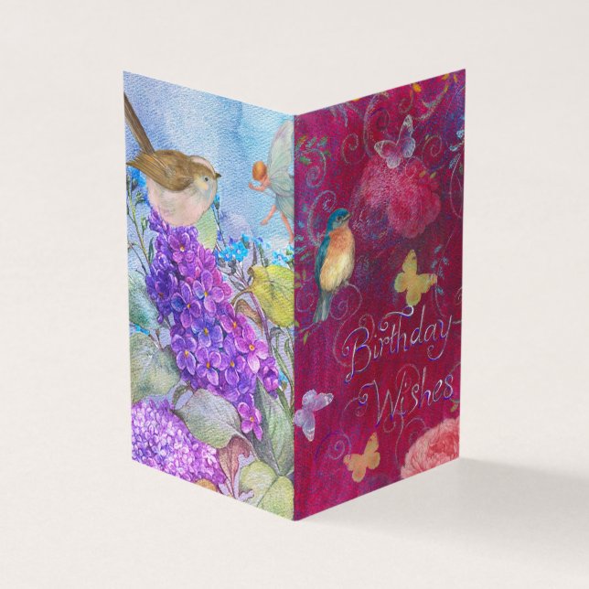 Tarjeta Deseos de cumpleaños con flores pájaros mariposa (Exterior)