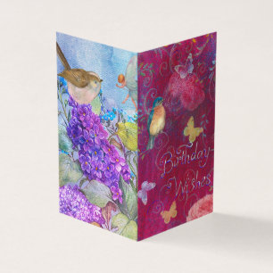 Tarjeta Deseos de cumpleaños con flores pájaros mariposa