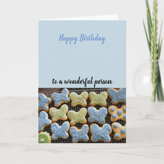 Tarjeta Deseos de cumpleaños con galletas de mariposa (Anverso)
