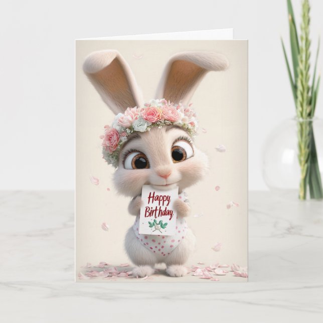 Tarjeta Deseos de cumpleaños de flor de conejito (Anverso)