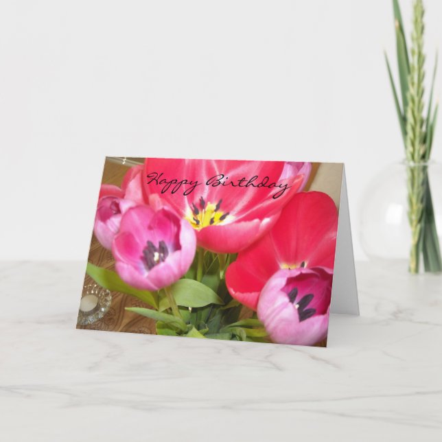 Tarjeta Deseos de cumpleaños de tulipán brillante (Anverso)