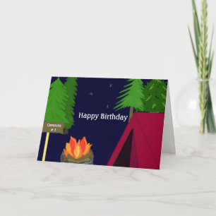 Tarjeta Deseos de cumpleaños en una fogata en el campament