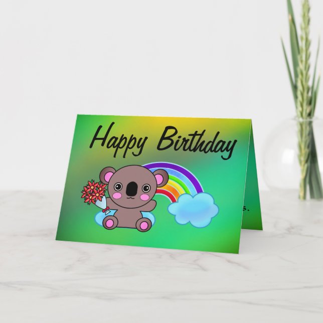 Tarjeta Deseos de cumpleaños mágicos del arcoiris de Koala (Anverso)