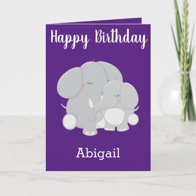 Tarjeta Deseos de cumpleaños morado por bonito para elefan (Anverso)