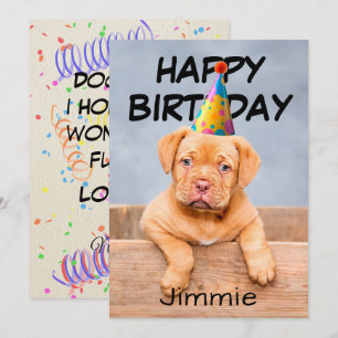 Tarjeta Deseos de cumpleaños para cachorros con gorro de c