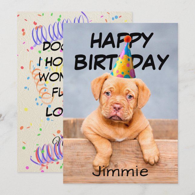 Tarjeta Deseos de cumpleaños para cachorros con gorro de c (Anverso / Reverso)