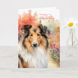 Tarjeta Deseos de cumpleaños para Collie con flores de jar