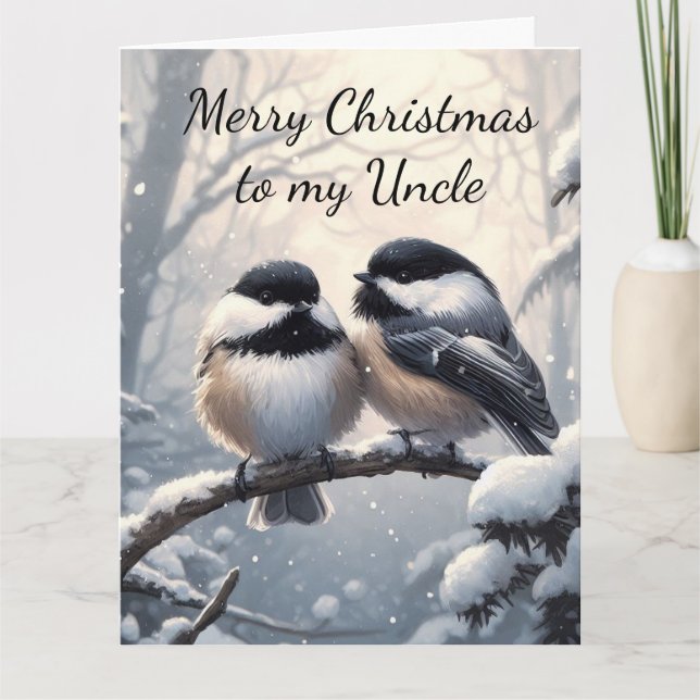 Tarjeta Deseos de Navidad del tío y ave Chickadee del amor (Anverso)