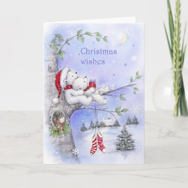 Tarjeta Deseos de navidades, pareja romántica de oso en ár (Anverso)