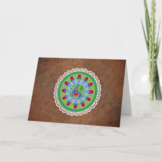 Tarjeta Deseos Diwali, diseño de Rangoli con lámpara de ac (Anverso)