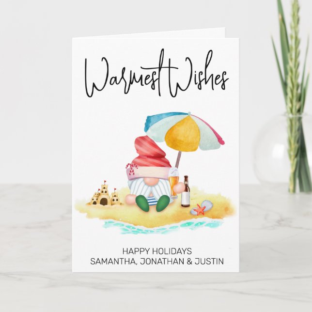 Tarjeta Deseos más cálidos Playa tropical Santa Gnome (Anverso)