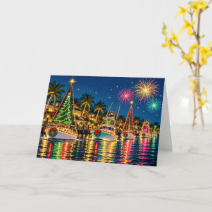 Tarjeta Desfile de Barcos Navideños Tropicales con Palmera