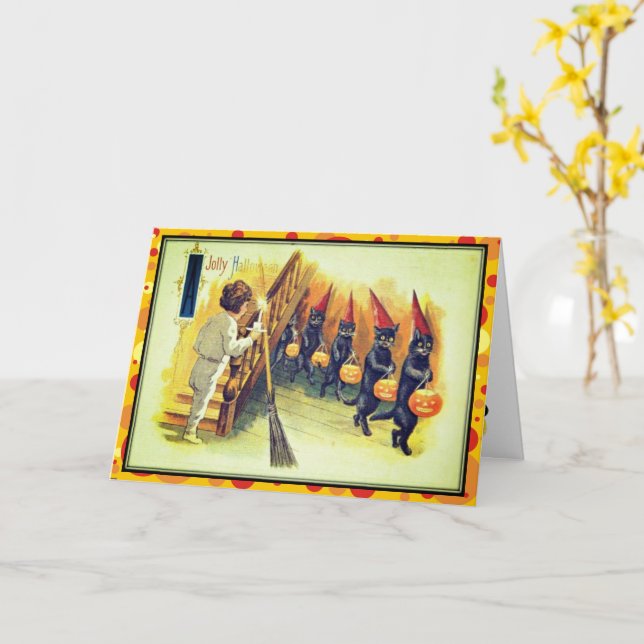 Tarjeta Desfile de gatos negros Jolly Halloween Vintage (flor amarilla)