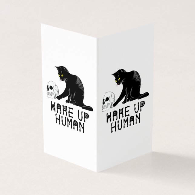 Tarjeta Despierta Humano - Gato Divertido Con Calavera (Exterior)