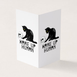 Tarjeta Despierta Humano - Gato Divertido Con Calavera