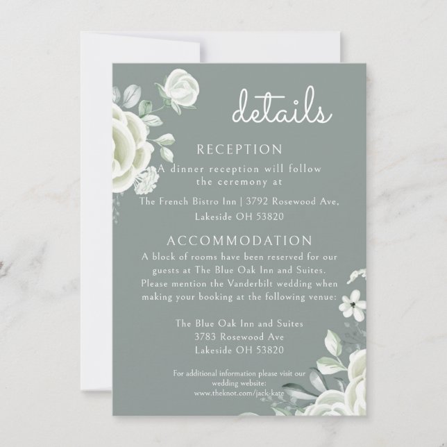 Tarjeta Detalles del Boho White Roses y el Sage Green Boda (Anverso)