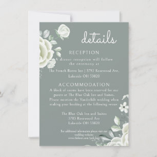 Tarjeta Detalles del Boho White Roses y el Sage Green Boda