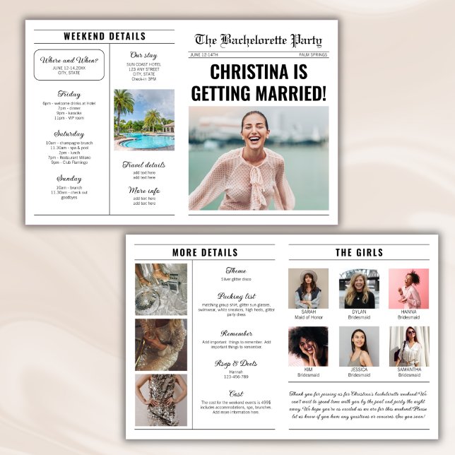 Tarjeta Detalles del periódico Bachelorette Weekend Itiner (newspaper bachelorette party invitation details weekend itinerary destination bach party)