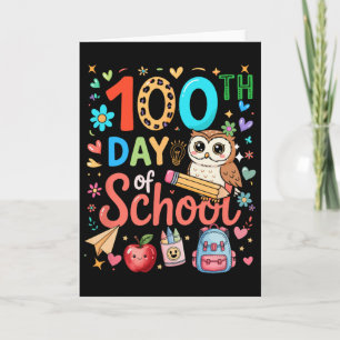 Tarjeta Día 100 de la Escuela Profesor Búho Lindo Colorido