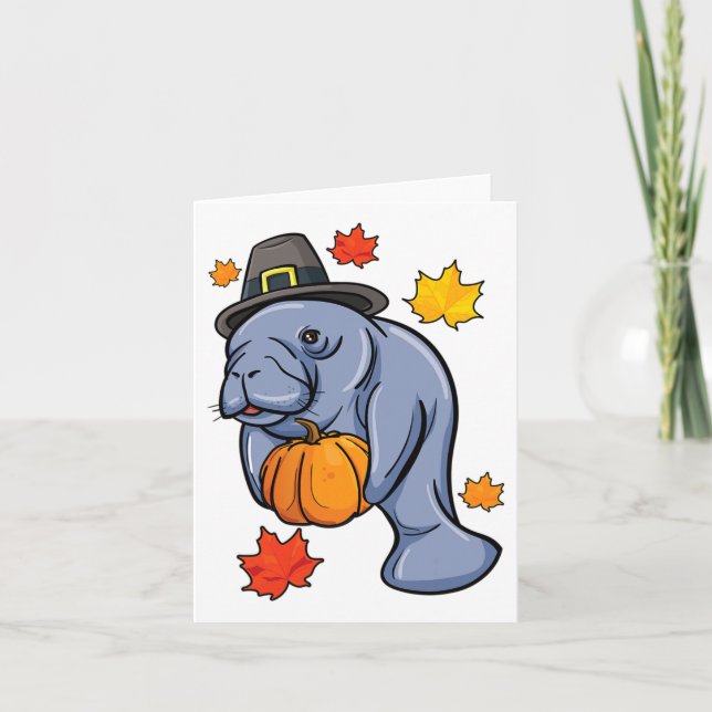 Tarjeta Día de Acción de Gracias Manatee Pilgrim Fall Pump (Anverso)