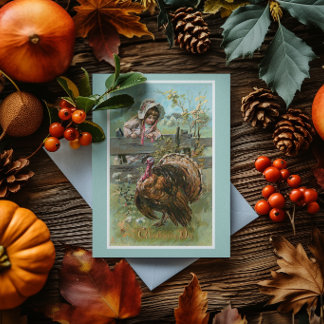 Tarjeta Día de Acción de Gracias Vintage Niña y Pavo