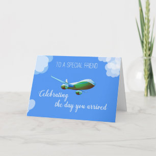 Tarjeta Día de Avión para Adopción de Amigo con Avión Verd