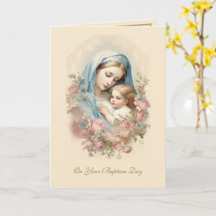 Tarjeta Día de Bautismo Católico Madre e Hijo Floral Bendi