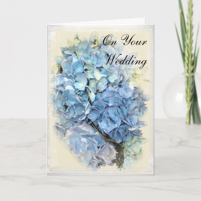 Tarjeta Día de Boda de Flores Hidránicas Azules (Anverso)