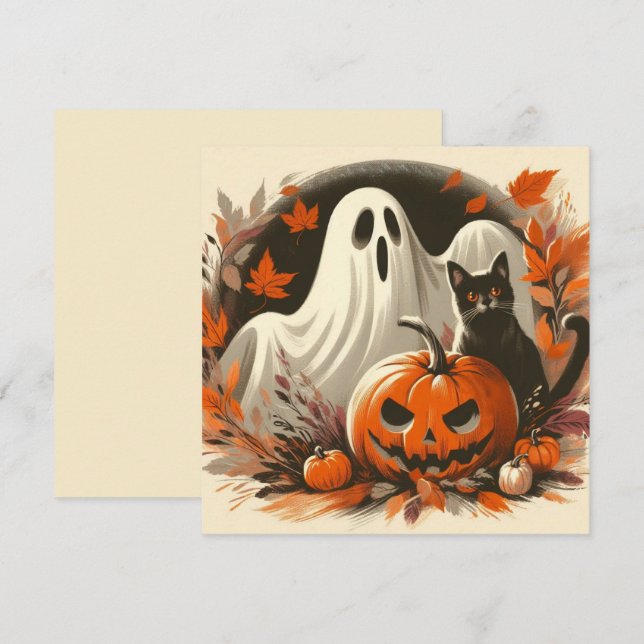 Tarjeta Día de Brujas Fantasma, Jack-'o-lantern y Gato Neg (Anverso / Reverso)