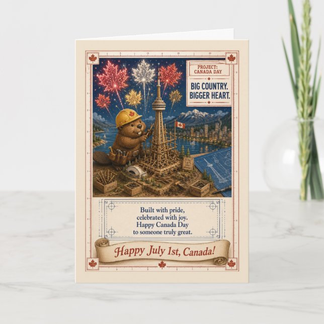 Tarjeta Día de Canadá Castor Constructor Torre CN Arte Pat (Anverso)