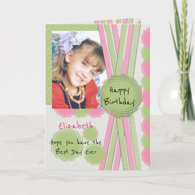 Tarjeta Día de cumpleaños con foto y nombre rosado (Anverso)