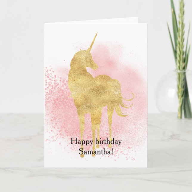 Tarjeta Día de cumpleaños de Pink Sparkle Gold Unicorn (Anverso)