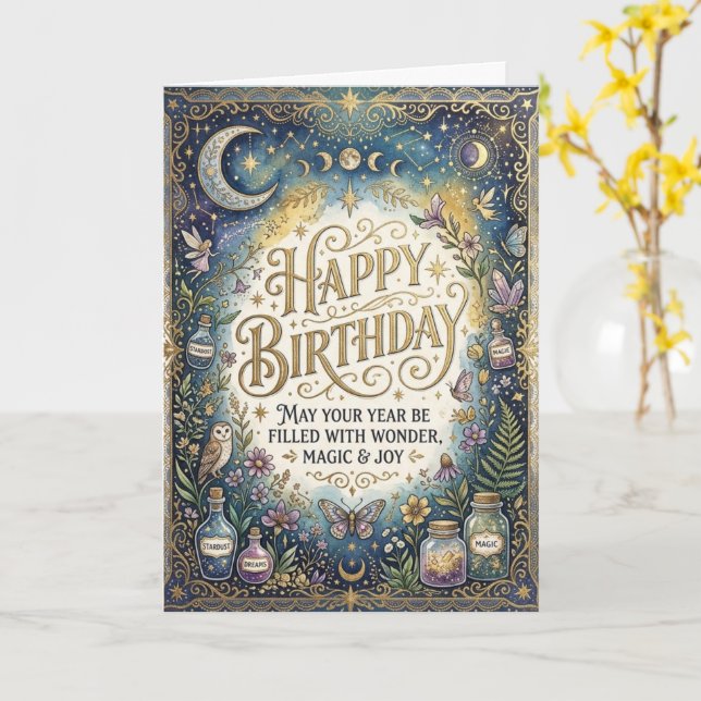 Tarjeta Día de Cumpleaños Feliz Magia Celestial Mística Os (flor amarilla)