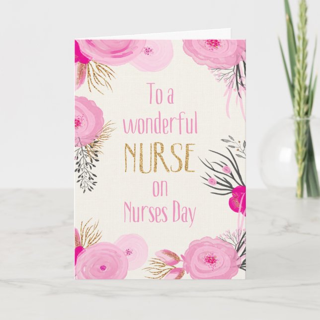 Tarjeta Día de Enfermeras - Flores rosas Bonitos y manchas (Anverso)