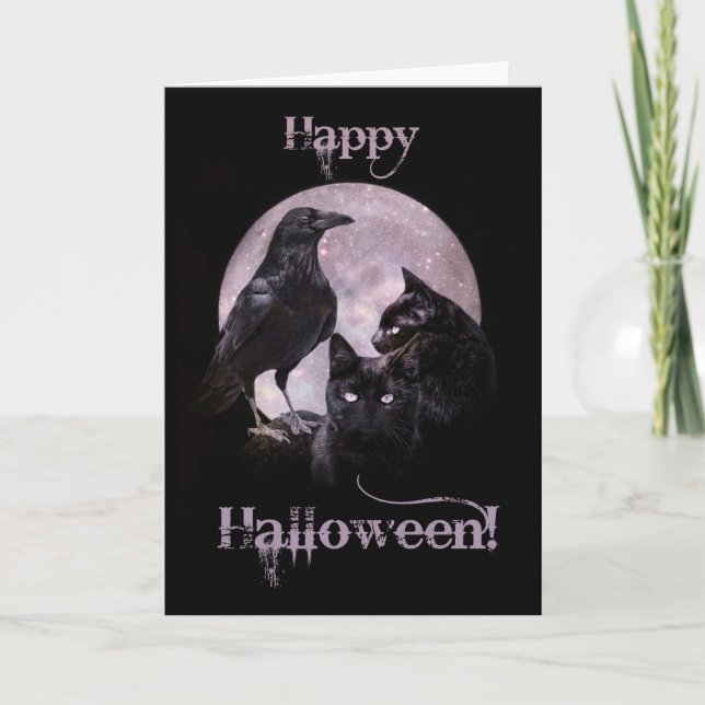 Tarjeta Día de Halloween fresco Cuervo y Gato Negro gótico (Anverso)