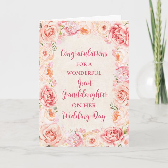 Tarjeta Día de la boda de la Gran Nieta con Floral Rosa (Anverso)