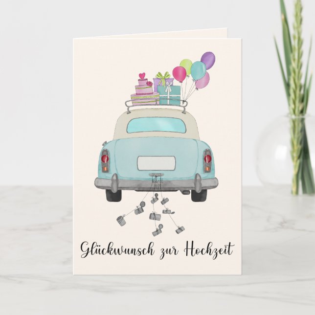Tarjeta Día de la boda Glückwunsch Día del coche retro azu (Anverso)