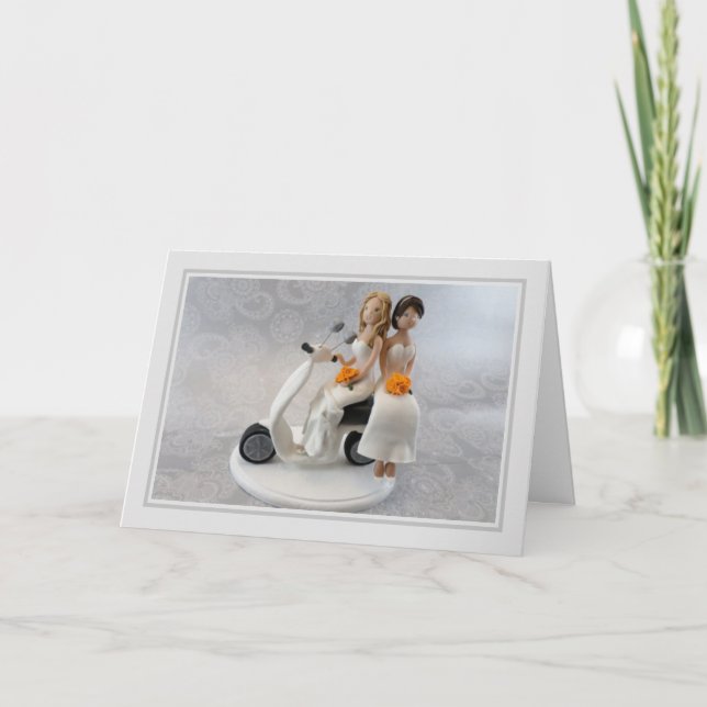 Tarjeta Día de la boda - Novias en un Scooter (Anverso)